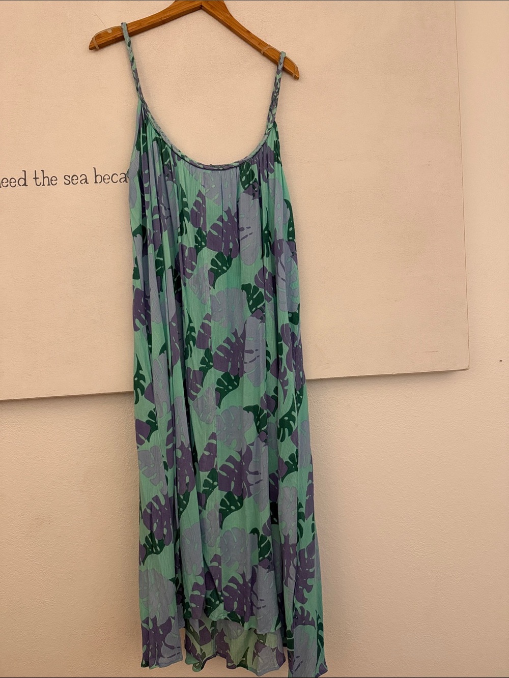 Sleeveless Mint & Lavender Leaf-Print Maxi Dress